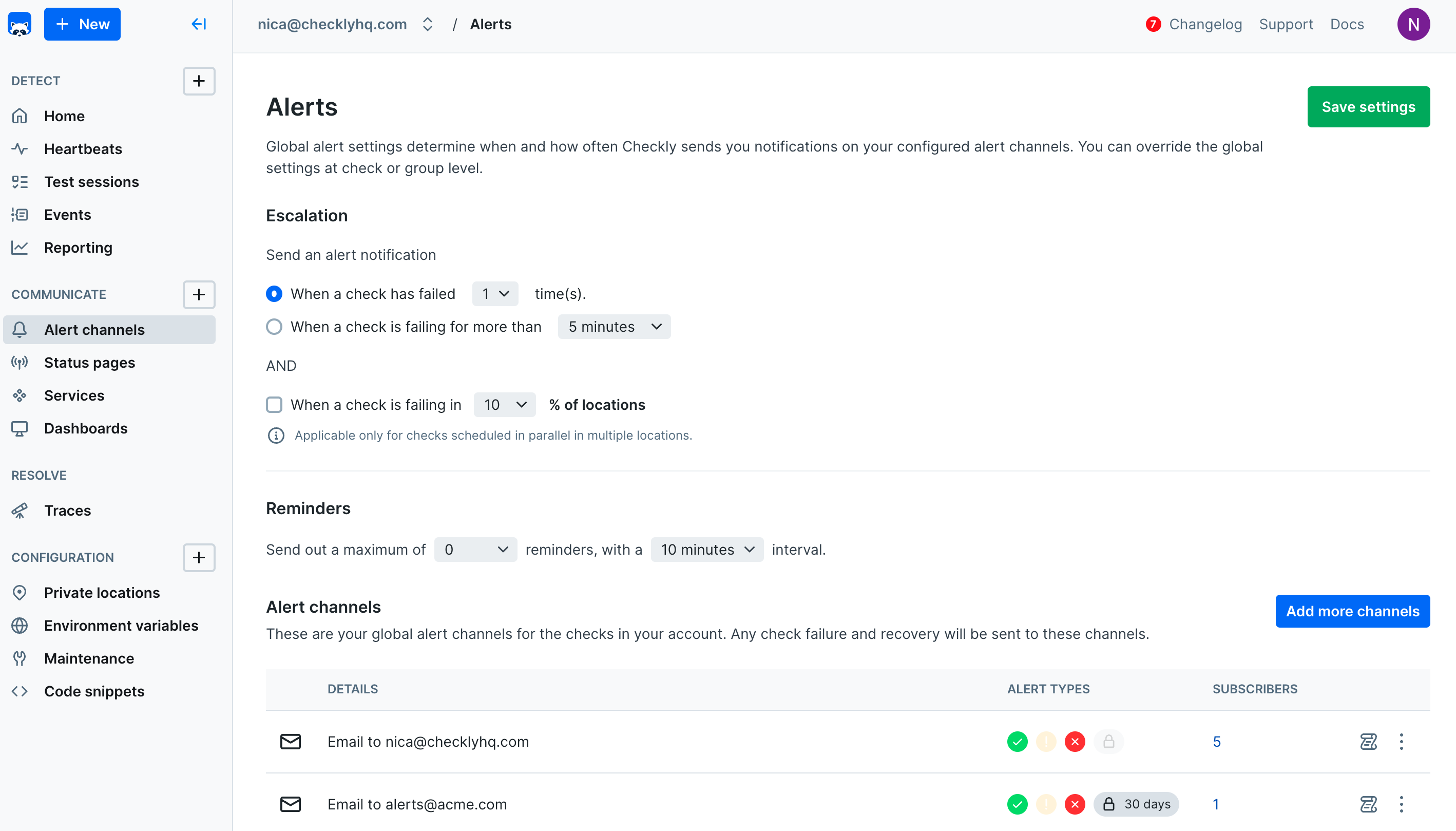 alert settings account / threshold alerting