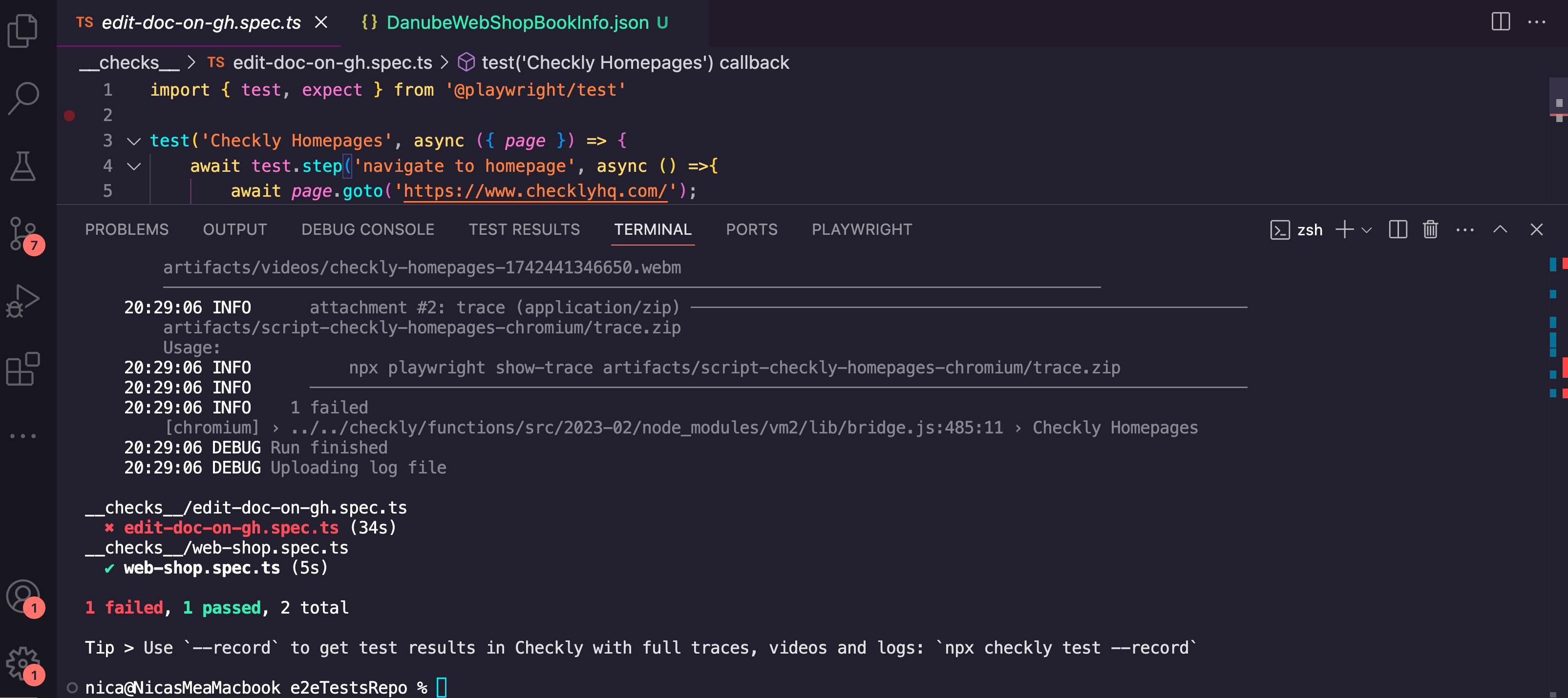 The Checkly CLI running playwright tests from the Checkly network